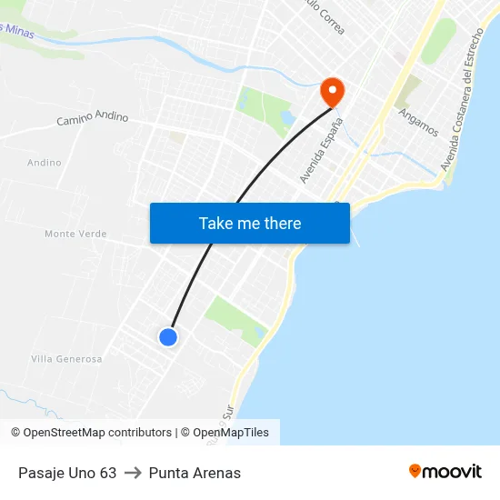 Pasaje Uno 63 to Punta Arenas map