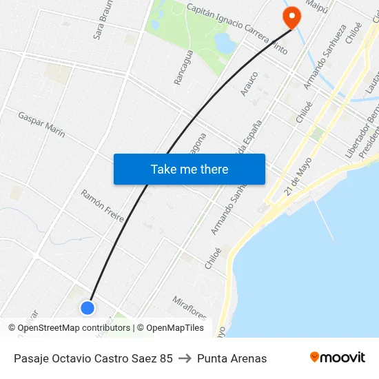 Pasaje Octavio Castro Saez 85 to Punta Arenas map