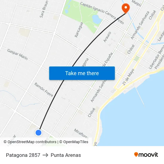 Patagona 2857 to Punta Arenas map