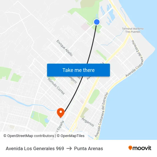 Avenida Los Generales 969 to Punta Arenas map