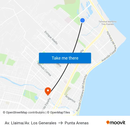 Av. Llaima/Av. Los Generales to Punta Arenas map