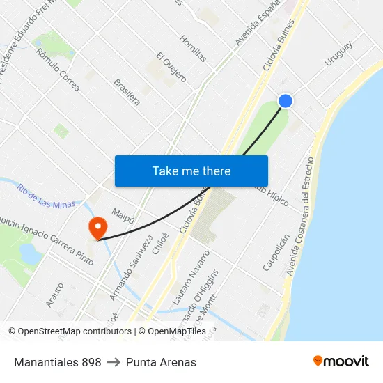Manantiales 898 to Punta Arenas map