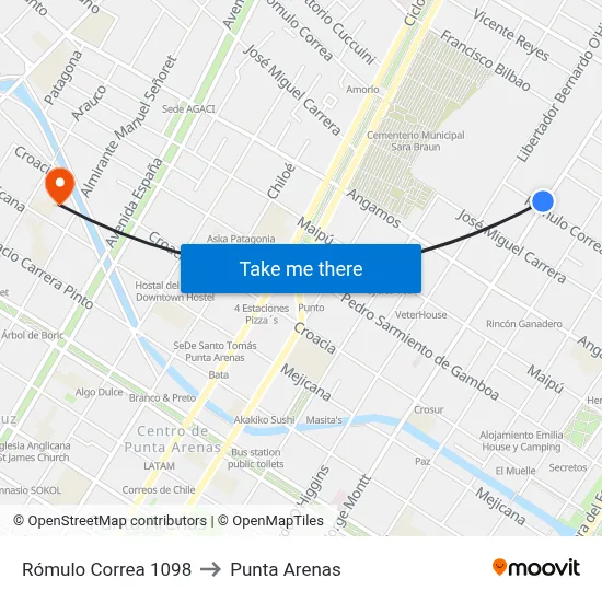 Rómulo Correa 1098 to Punta Arenas map