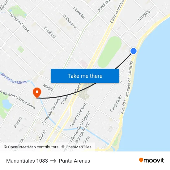 Manantiales 1083 to Punta Arenas map