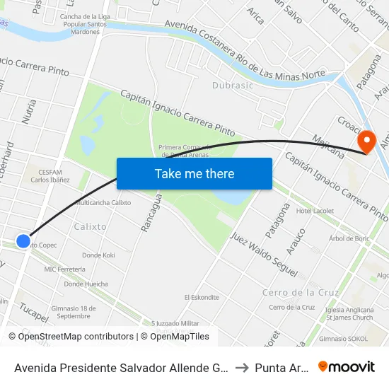 Avenida Presidente Salvador Allende Gossens 432 to Punta Arenas map