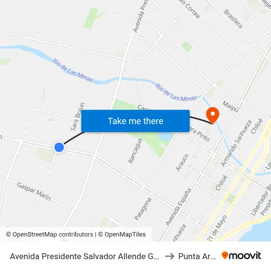 Avenida Presidente Salvador Allende Gossens 0786 to Punta Arenas map