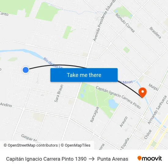 Capitán Ignacio Carrera Pinto 1390 to Punta Arenas map