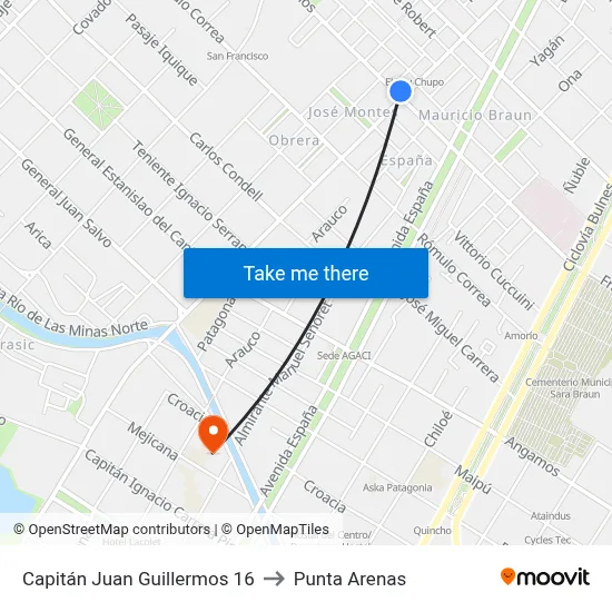 Capitán Juan Guillermos 16 to Punta Arenas map