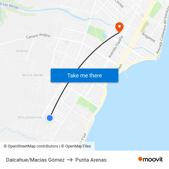 Dalcahue/Macias Gómez to Punta Arenas map