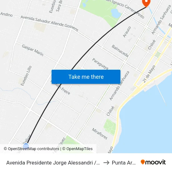 Avenida Presidente Jorge Alessandri / Calle Uno to Punta Arenas map