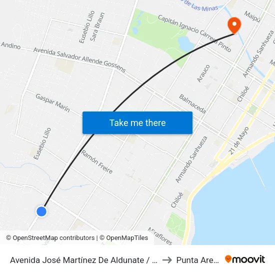 Avenida José Martínez De Aldunate / Central to Punta Arenas map