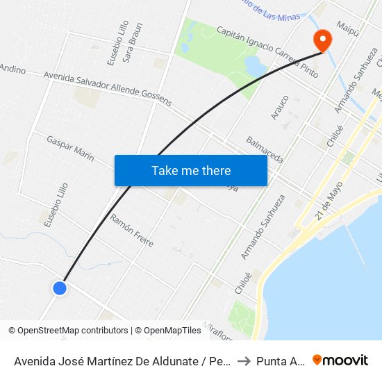 Avenida José Martínez De Aldunate / Pedro Aguirre Cerda to Punta Arenas map