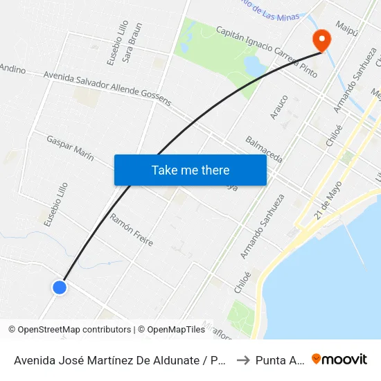 Avenida José Martínez De Aldunate / Pedro Aguirre Cerda to Punta Arenas map