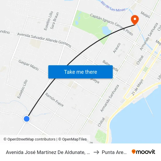 Avenida José Martínez De Aldunate, 2780 to Punta Arenas map
