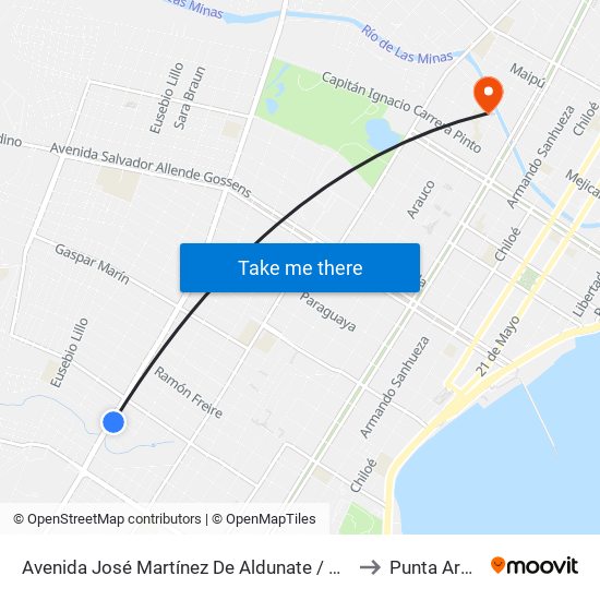 Avenida José Martínez De Aldunate / Miraflores to Punta Arenas map