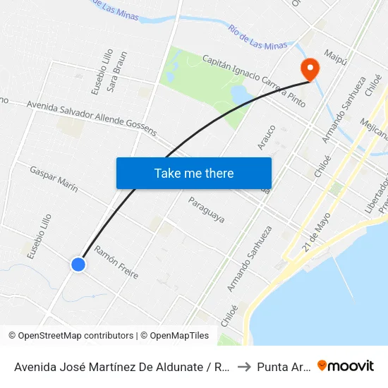 Avenida José Martínez De Aldunate / Ramón Carnicer to Punta Arenas map