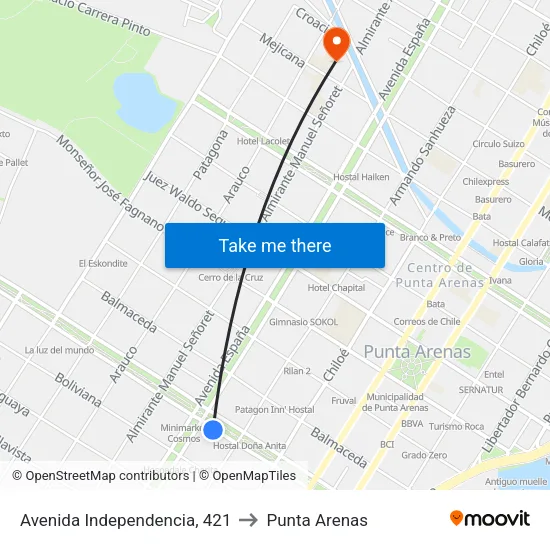 Avenida Independencia, 421 to Punta Arenas map