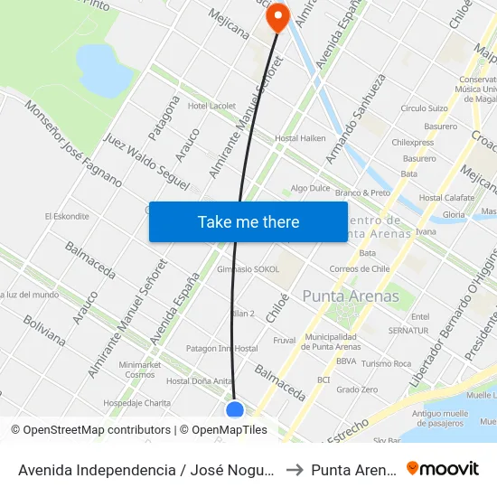 Avenida Independencia / José Nogueira to Punta Arenas map