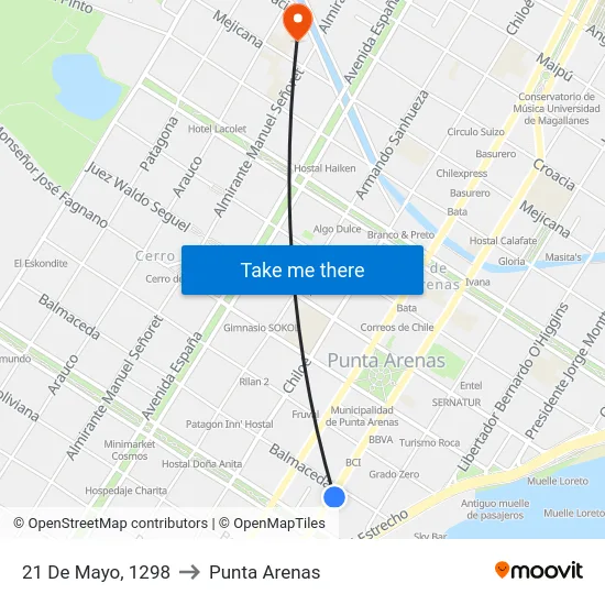 21 De Mayo, 1298 to Punta Arenas map