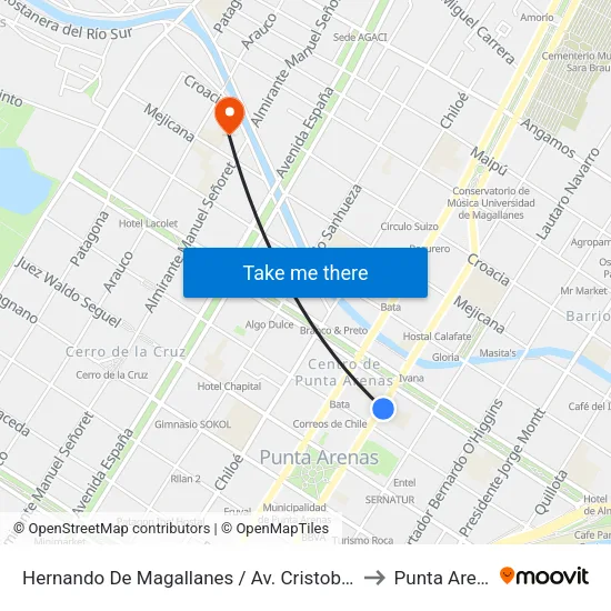 Hernando De Magallanes / Av. Cristobal Colón to Punta Arenas map