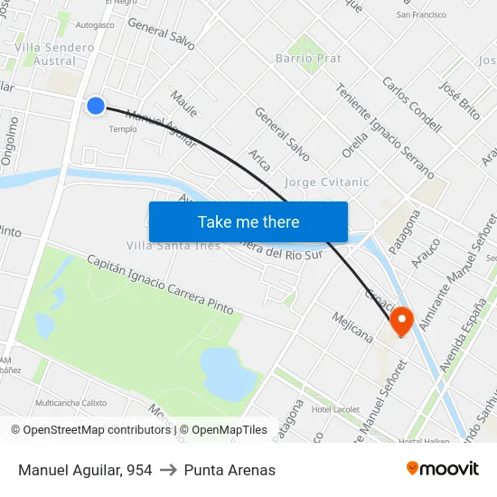 Manuel Aguilar, 954 to Punta Arenas map