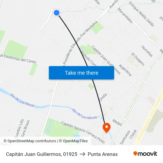 Capitán Juan Guillermos, 01925 to Punta Arenas map