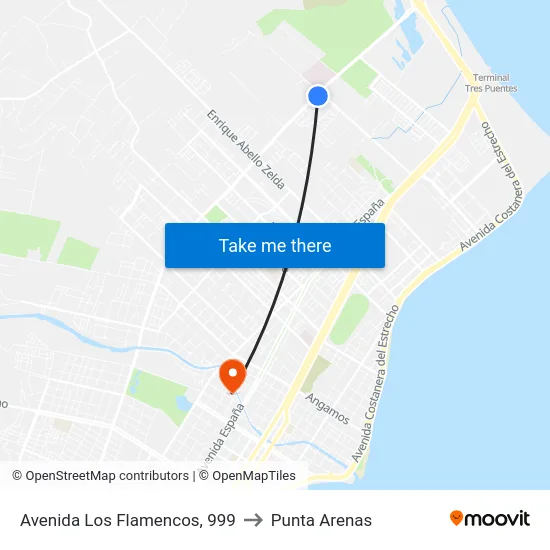 Avenida Los Flamencos, 999 to Punta Arenas map