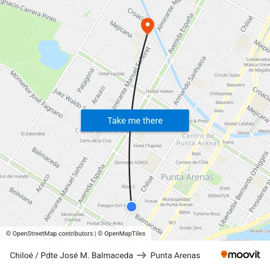 Chiloé / Pdte José M. Balmaceda to Punta Arenas map