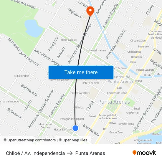Chiloé / Av. Independencia to Punta Arenas map