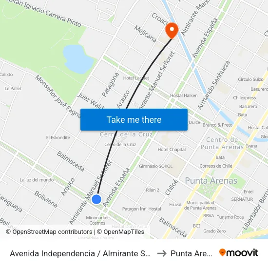 Avenida Independencia / Almirante Señoret to Punta Arenas map