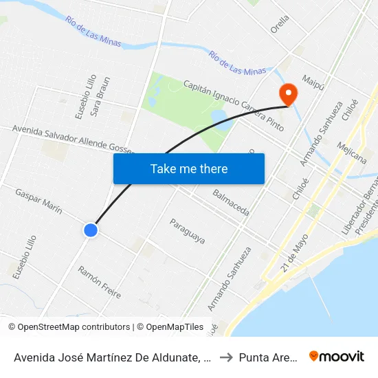 Avenida José Martínez De Aldunate, 1920 to Punta Arenas map