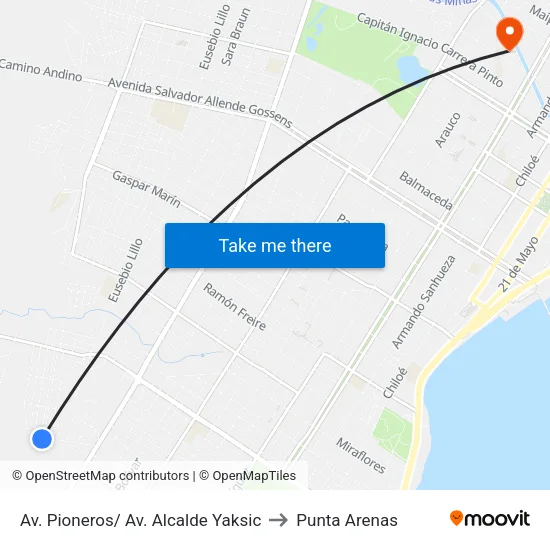 Av. Pioneros/ Av. Alcalde Yaksic to Punta Arenas map
