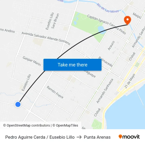 Pedro Aguirre Cerda / Eusebio Lillo to Punta Arenas map