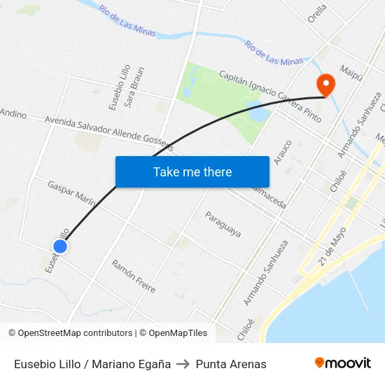 Eusebio Lillo / Mariano Egaña to Punta Arenas map