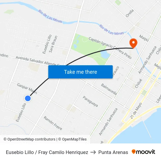 Eusebio Lillo / Fray Camilo Henriquez to Punta Arenas map