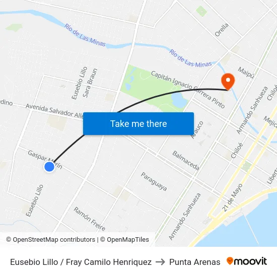 Eusebio Lillo / Fray Camilo Henriquez to Punta Arenas map