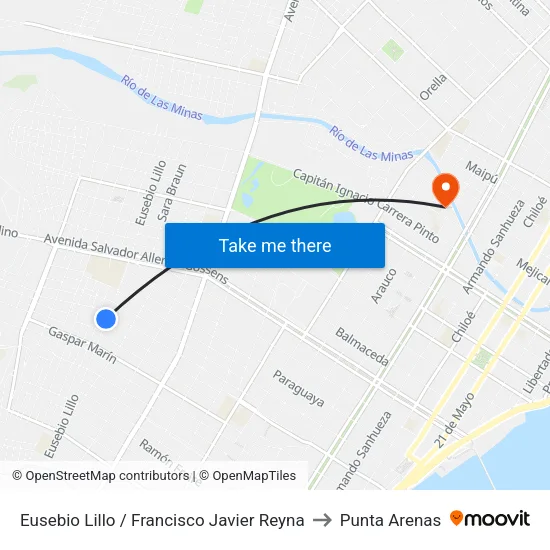 Eusebio Lillo / Francisco Javier Reyna to Punta Arenas map