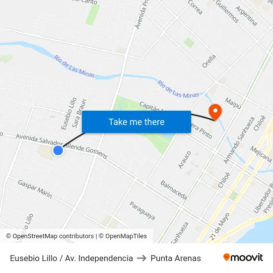 Eusebio Lillo / Av. Independencia to Punta Arenas map