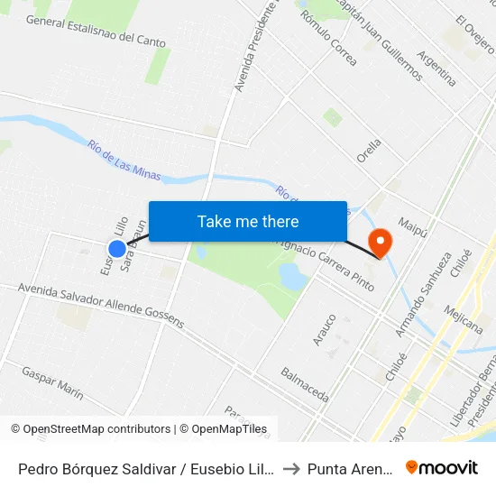 Pedro Bórquez Saldivar / Eusebio Lillo to Punta Arenas map