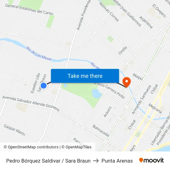 Pedro Bórquez Saldivar / Sara Braun to Punta Arenas map