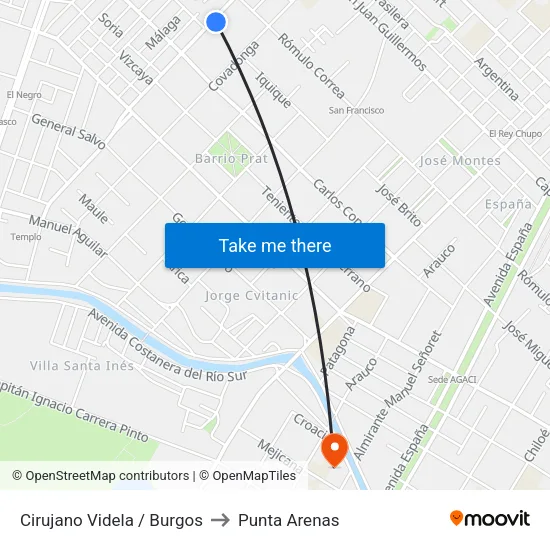 Cirujano Videla / Burgos to Punta Arenas map