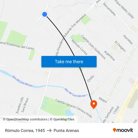 Rómulo Correa, 1945 to Punta Arenas map