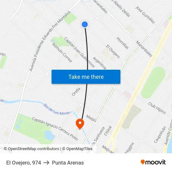 El Ovejero, 974 to Punta Arenas map