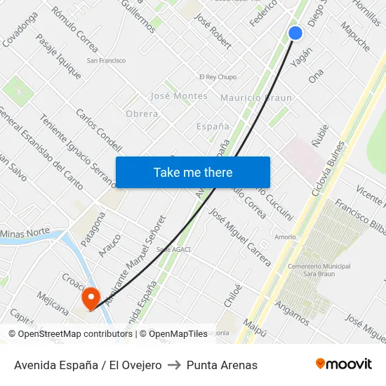 Avenida España / El Ovejero to Punta Arenas map