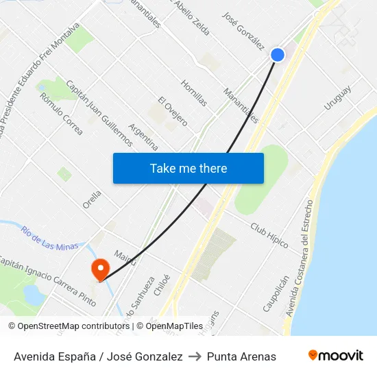 Avenida España / José Gonzalez to Punta Arenas map