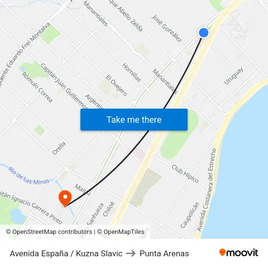 Avenida España / Kuzna Slavic to Punta Arenas map
