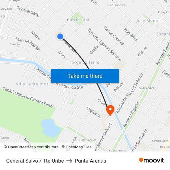 General Salvo / Tte Uribe to Punta Arenas map