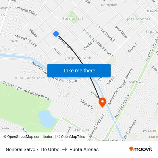 General Salvo / Tte Uribe to Punta Arenas map