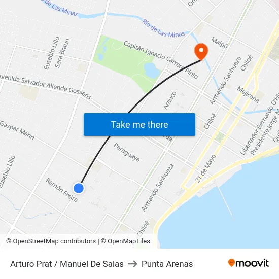 Arturo Prat / Manuel De Salas to Punta Arenas map