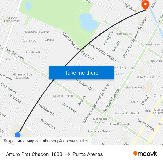 Arturo Prat Chacon, 1883 to Punta Arenas map